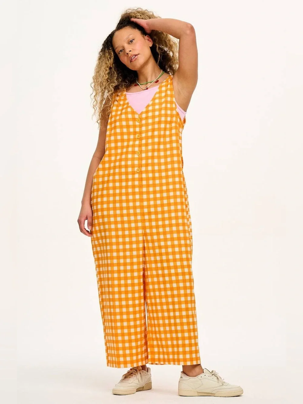 Lucy & Yak Organic Cotton Finn V-Neck Jumpsuit Orange White 16 NWT - Picture 1 of 5